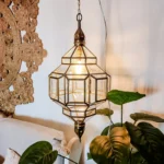 Handcrafted Moroccan brass hanging lamp Moon & Stars glass lantern