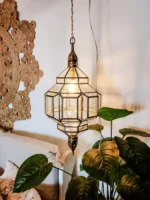 Handcrafted Moroccan brass hanging lamp Moon & Stars glass lantern