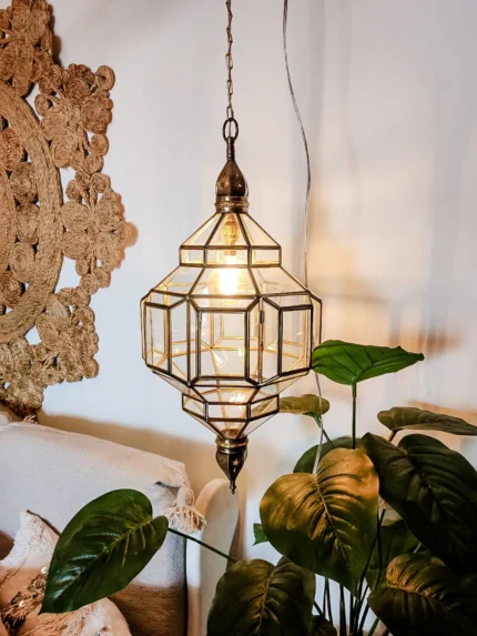 Handcrafted Moroccan brass hanging lamp Moon & Stars glass lantern