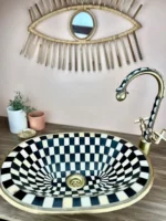 Brass Sink Resin Checker Board Black And White Design - Image 2